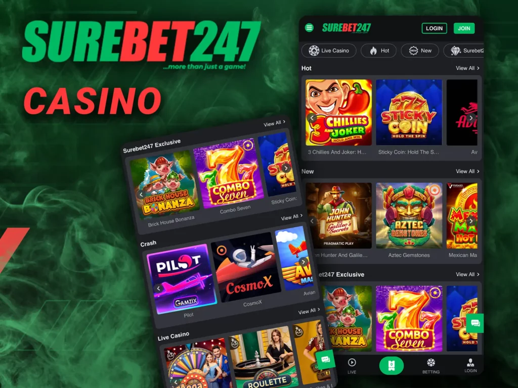 Surebet247 casino game selection showing popular slots