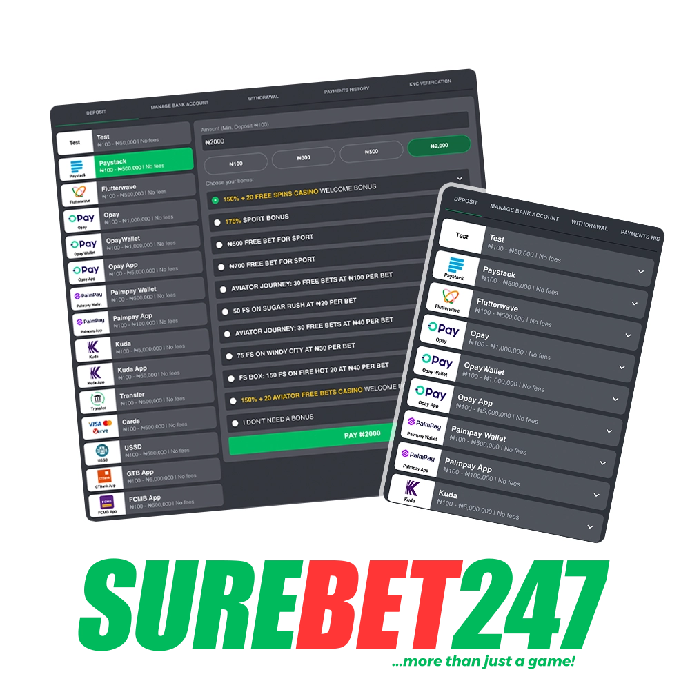 Surebet247 payment methods page