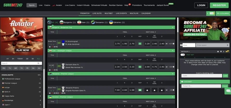 Surebet247 sportsbook page showing multiple betting markets